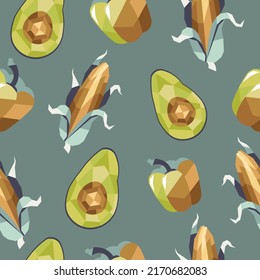 Pattern in low poly style. Corn, avocado, bell pepper in geometric style. Pattern with vegetables in geometric style. Vector illustration