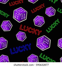 Pattern lucky. Seamless pattern. Image of dice and lucky inscription on a black background. Vector.