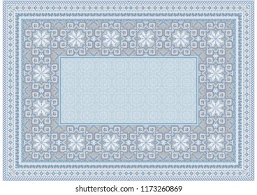 El patrón de una antigua alfombra oriental de lujo con tonos azules y beige sobre fondo blanco
