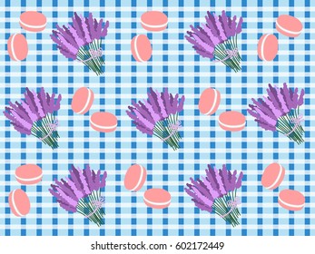Pattern macaroni cakes and bouquets of lavender on a background in a blue plaid - Vector Illustration