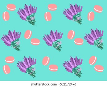 Pattern macaroni cakes and bouquets of lavender on a turquoise background - Vector Illustration