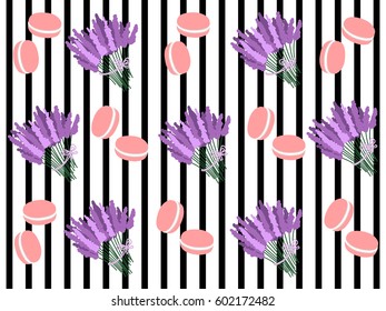 Pattern macaroni cakes and bouquets of lavendero n black and white striped background - Vector Illustration