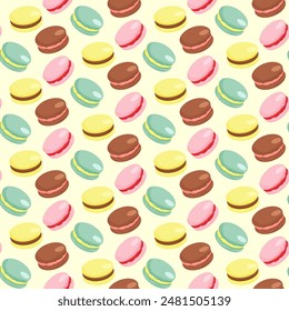 Pattern with macarons. Sweet pastries with different flavors. Modern design for packaging, holidays and textiles. Vector illustration