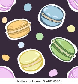Motif avec des macarons, coloré et lumineux. Dessin à la main avec texture. Image vectorielle, isolée.