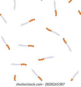 pattern machete knife tool presenting a sharp blade and ergonomic orange handle, depicting equipment for jungle exploration, wilderness survival, camping, and trekking activities on a white background