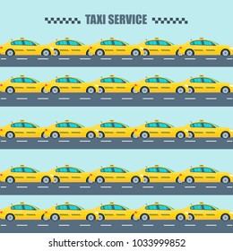 Pattern with  machine yellow cab. Public taxi service concept.  Flat vector illustration.