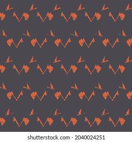 Patrón hecho de símbolos geométricos abstractos, algunos parches con una estructura decorativa. Decoración en azul oscuro y naranja.