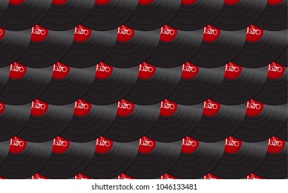 The pattern is made of black iridescent vinyl musical analogue retro old antique  hipster vintage gramophone record for vinyl gramophone and retro inscription on a red background. Vector illustration
