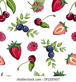 Pattern made from bright hand drawn berries on the white background. Vector illustration