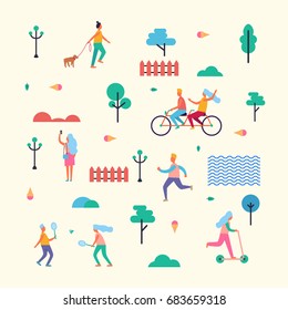 Pattern Made of characters that walk with dog, ride bicycle and scooter, do selfie, jog in morning, play badminton among trees vector illustration.