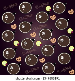 Pattern made of coffee cups, text, slice of lemon with single strawberry and heart-shaped pastry on the violet gradient background.