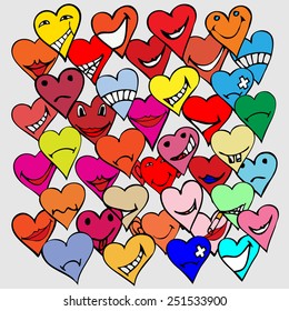 Pattern made from Collection of different heart symbols doodle, Different emotions