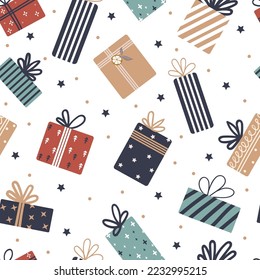 Pattern made with collection of gift boxes. Christmas, New Year, holiday, Birthday present.