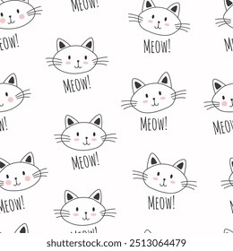 Pattern made with cute cats with meow word. Characters, stickers, t-shirt designs.