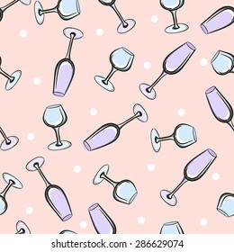 Pattern made from different wineglasses on the pink background. Vector illustration. 10 EPS