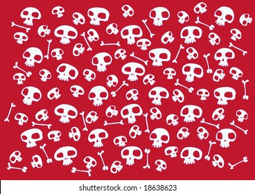 Pattern made of funny skulls and bones on bright red background. Vector illustration