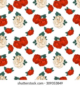 Pattern made of Garden Roses. Floral Seamless Red Flowers Ornament On White Background.