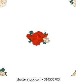 Pattern made of Garden Roses. Floral Seamless Red Flowers Ornament On White Background. 