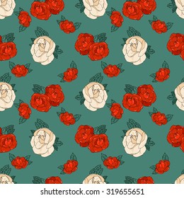 Pattern made of Garden Roses. Floral Seamless Red and White Flowers Ornament On Green Background.