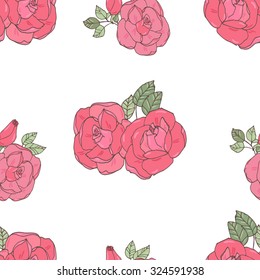 Pattern made of Garden Roses. Floral Seamless Pink Flowers Ornament On White Background. 