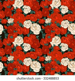 Pattern made of Garden Roses. Floral Seamless Red and White Flowers Ornament On Dark Background. 