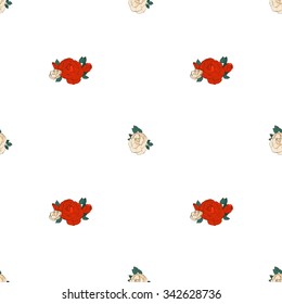 Pattern made of Garden Roses. Floral Seamless Red Flowers Ornament On White Background.