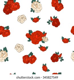 Pattern made of Garden Roses. Floral Seamless Red Flowers Ornament On White Background.