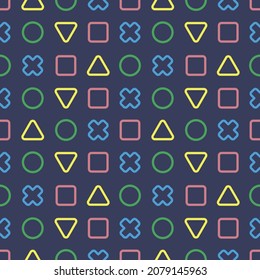 Pattern Made of Geometric Contour Shapes on a Blue Background. Arcade Game Geometric Shapes. Vector Illustration. Memphis Style. Graphic, Poster, Brochure, Textile Design.