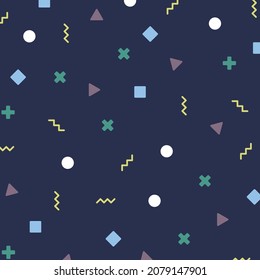Patrón hecho de formas de contorno geométrico en un fondo azul. Formas geométricas. Ilustración vectorial. Estilo Memphis. Gráfico, Afiche, Folleto, Diseño Textil. Diseño impecable.