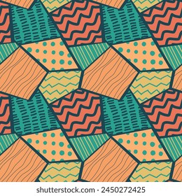 A pattern made of geometric shapes with texture. Triangles, rhombuses, hexagons. Circles, stripes, zigzags. For textiles, postcards, fashion