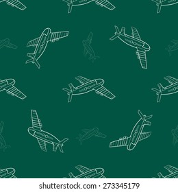 Pattern made from hand drawn airplanes on the green background.  