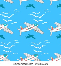 Pattern made from hand drawn airplanes with shadows on the blue background.  
