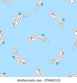 Pattern made from hand drawn airplanes on the blue background.  