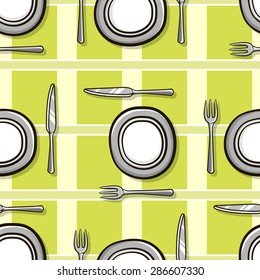 Pattern made from hand drawn dish, fork and knife on the colored background.