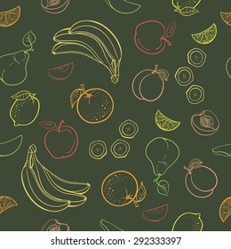Pattern made from hand drawn fruits on the green background. Vector illustration