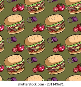 Pattern made from hand drawn ingredients and hamburgers. Vector illustration