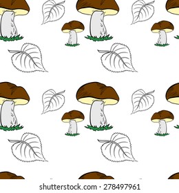 Pattern made from hand drawn mushrooms and leaves.