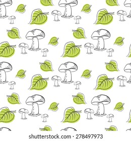 Pattern made from hand drawn mushrooms and leaves.