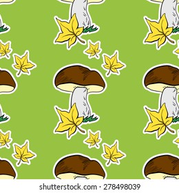 Pattern made from hand drawn mushrooms and leaves.