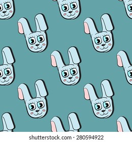 Pattern made from hand drawn rabbits on the blue background. Vector illustration