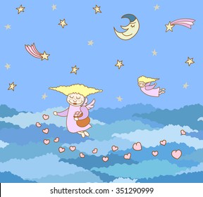  pattern made from little cartoon flying girls with hearts on night sky with stars and clouds
