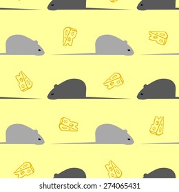 Pattern made from mouses and hand drawn cheese on the yellow background. Vector illustration