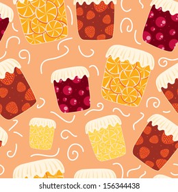 Pattern made of orange, strawberry, cherry and lemon jam transparent glass jars vector illustration