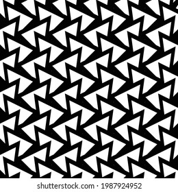 Pattern made of partially overlapping white triangles contoured with thick black line. Textile design.