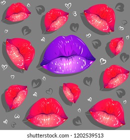 A pattern made of red and purple lips on grey background with hearts