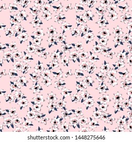 Pattern made of small meadow flowers. Seamless floral background. Botanical ornament in vintage style. Country rustic design. Good for fashion, textile, fabric, bed linen, wrapper,  wallpaper. 