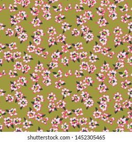 Pattern made of small meadow flowers. Seamless floral background. Botanical ornament in vintage style. Country rustic design. Good for fashion, textile, fabric, bed linen, wrapper,  wallpaper. 
