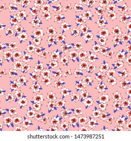 Pattern made of small meadow flowers. Seamless floral background. Botanical ornament in vintage style. Country rustic design. Good for fashion, textile, fabric, bed linen, wrapper,  wallpaper. 