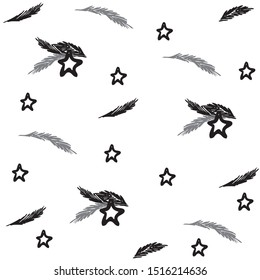 Pattern made of stars and fir branches on white background. Simple hand drawn monochrome design for decorations and cards for Christmas and New Year party. Graphical sketch. Sample of seamless pattern
