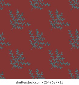 The pattern is made up of stylized twigs that are painted in turquoise. Each twig has a central stem from which small branches extend with round "berries" on the ends. 